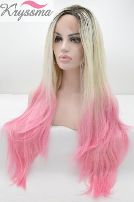 K'ryssma® Ombre Synthetic Lace Front Wigs Dark Roots Blonde to Pink Half Hand Tied Heat Resistant Fiber Straight Hair 3 Tones
