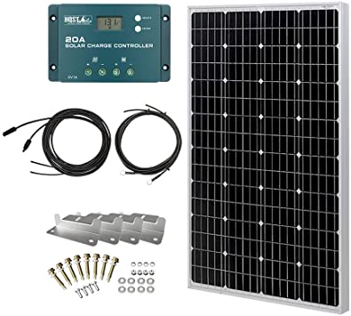 HQST 100 Watt 12 Volt Monocrystalline Solar Panel Kit with 20A PWM Charge Controller, Z Bracket, 20FT 12AWG Cable,8Ft 8AWG Tray Cable