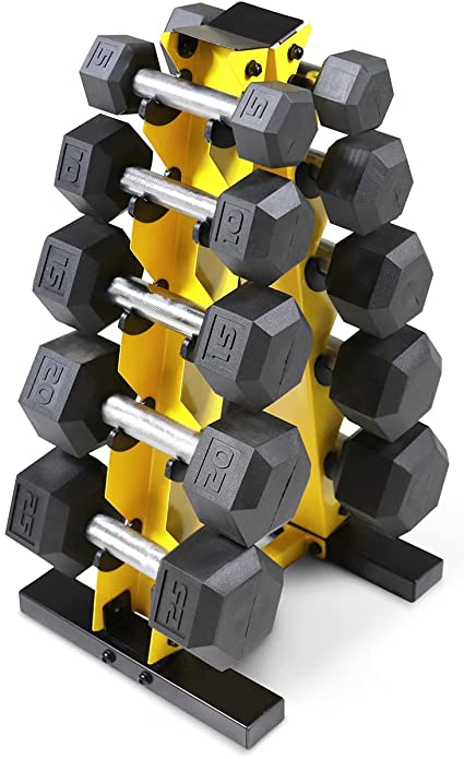 WF Athletic Supply 5-25Lb Rubber Coated Hex Dumbbell Set with A Frame Storage Rack Non-Slip Hex Shape for Muscle Toning, Strength Building & Weight Loss - Multiple Choices Available