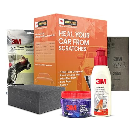 3M Car Care Advanced Scratch Repair Kit with 1 Step Finish Compound, Premium Liquid Wax with UV Protection, Sandpaper, Microfiber Cloth & Sponge, Complete Car Care Solution, Auto Cleaning Kit