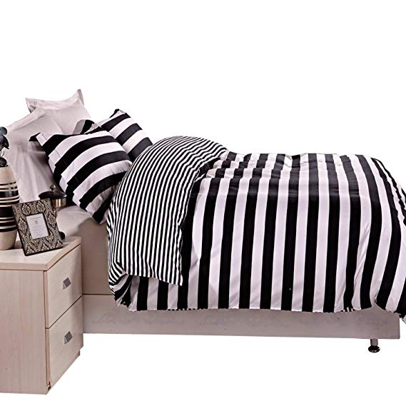 NTBAY 3 Pieces Duvet Cover Set Black and White Stripe Printed Microfiber Reversible Design(Full/Queen, Stripe)