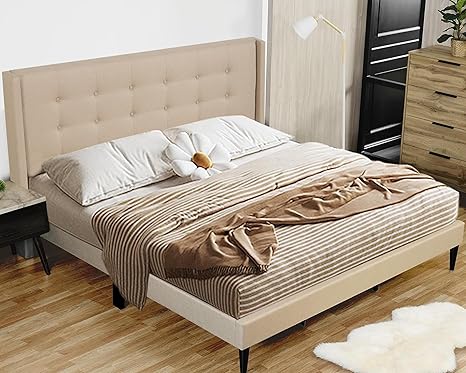 PrimeZone King Size Bed Frame - Modern Platform Bed Frame with Wingback Tufted Headboard, Linen Fabric Upholstered Bedroom Bedframe with Strong Wooden Slats, No Box Spring Needed, Beige