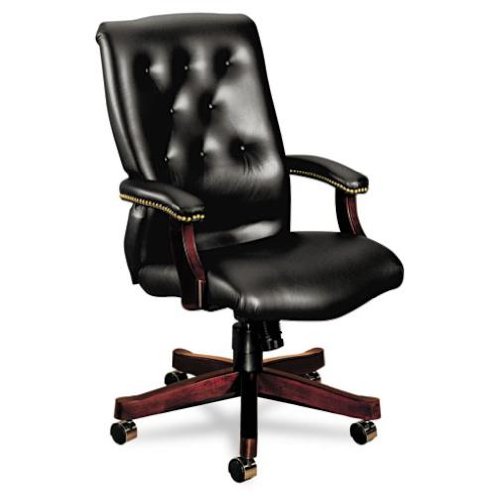 HON 6540 Series Executive High-Back Chair | Knee-Tilt | Fixed Arms | Wood Trim | Mahogany Finish | Black Vinyl