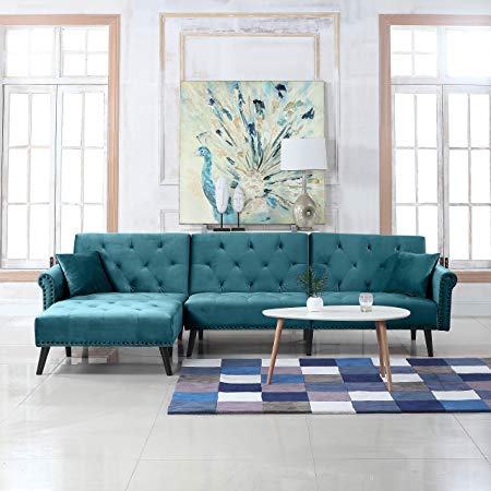 Divano Roma Furniture Mid Century Modern Style Velvet Sleeper Futon Sofa, Living Room L Shape Sectional Couch with Reclining Backrest and Chaise Lounge (Teal)