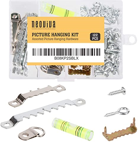 NEOVIVA 122 Pieces Picture Hanging Kit, Assorted Picture Hangers Includes D-Ring Hanger, No Nail Sawtooth, Small Sawtooth, Large Sawtooth, Screw-Eye and Level for Wall Mounting