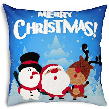 Embroidery Christmas Throw Pillow Cover Decorative Cushion Joyful canvas Printing with Embroidery 18x18