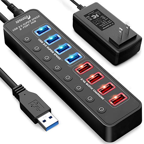APANAGE 8-Port USB 3.0 Hub Splitter with Individual Power Switches, 4 High Speed Data Transfer Ports Compatible for PC/Laptop/HDD/Flash Drive and More, 4 Smart Charging Ports up to 2.4A Charging Speed