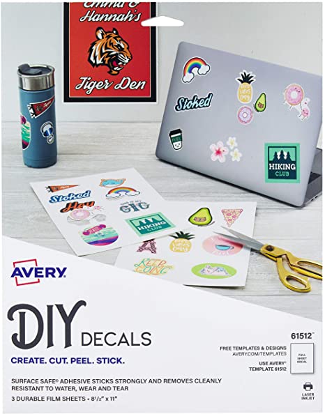 Avery Decals with Surface Safe Removable Adhesive,Water & Tear Resistant, 8.5" x 11", 3 Labels (61512)