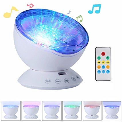 ieGeek 2nd-Gen Ocean Wave Projector Atmosphere Night Light with Built-in Music Player, 7 Color Changing Modes, Remote Control, 12 Bright LED, for Living Room Bedroom Baby Couples (White)