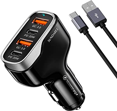 SUNDAREE 4 USB c Ports Car Charger Fast Charging Cigarette Lighter Adapter, Dual QC 3.0 18W & PD 20W Car Phone Charger Compatible with iPhone 13 12 11 Pro Max X Xs, Samsung Galaxy