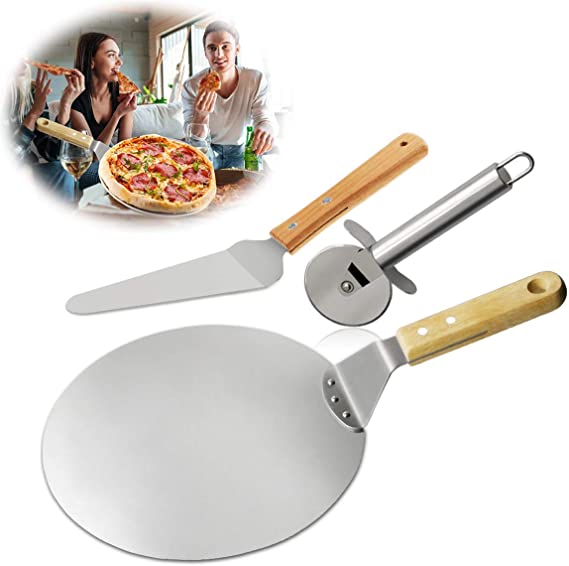 Pizza Cutter   Pizza Peel   Pizza Shovel Pizza Server, TedGem 3 in 1 Pizza Paddle with Wooden Handle 430 Stainless Steel for Baking Homemade Pizza and Bread Pies & Cookies Cake