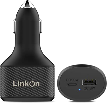 LinkOn 112W USB-C Car Charger with 90W PD3.0 and 18W QC3.0 Ports for MacBook Dell HP Lenovo Samsung Huawei FCP SCP Apple iPhone iPad