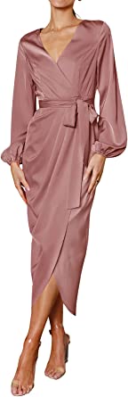 PRETTYGARDEN Women's Maxi Satin Dress 2023 Puff Sleeve Wrap V Neck Ruched Belted Long Formal Cocktail Dresses