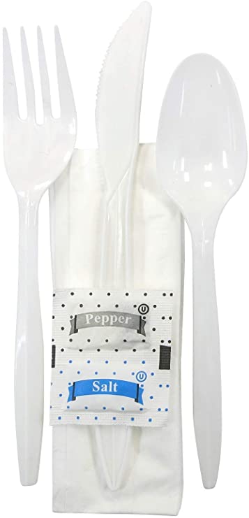 White Medium Weight Plastic Cutlery Kit with a Fork, Knife, Tea Spoon, Paper napkin, Salt and Pepper 250 - Kits (6 Piece Kit)