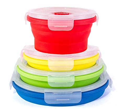 Thin Bins Collapsible Containers – Set of 4 Round Silicone Food Storage Containers – BPA Free, Microwave, Dishwasher and Freezer Safe - No more cluttered container cabinet!