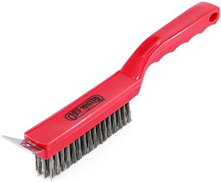 Chef Master 90044 Grill Brush | Handheld Small Grill Cleaning Brush | 2 in 1 | Wire Bristles | Scraper Head | Comfortable Handle | Heavy Duty Plastic Construction