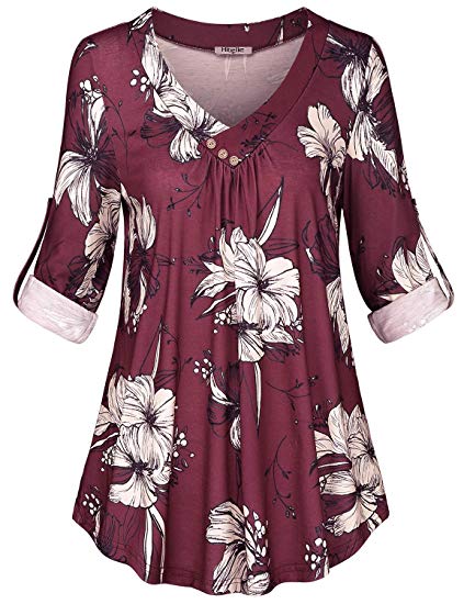 Hibelle Women's Roll-up Long Sleeve V-Neck Casual Flowy Tunic Blouse