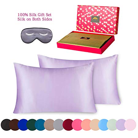 BlueHills Luxury Silk Pillowcase Gift Set - 100% Pure Mulberry Natural Soft Both Sides Silk Pillowcase 2 Pack for Hair and Skin & Pure Silk Eye Mask Gift Box 3 Piece Set Lavender Violet Standard S003