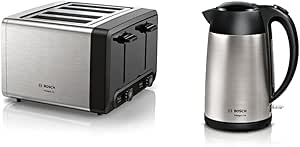 Bosch DesignLine Plus TAT4P440GB 4 Slot Stainless Steel Toaster with variable controls - Stainless Steel and DesignLine TWK3P420GB Stainless Steel Cordless Kettle, 1.7 Litres, 3000W - Silver & Black