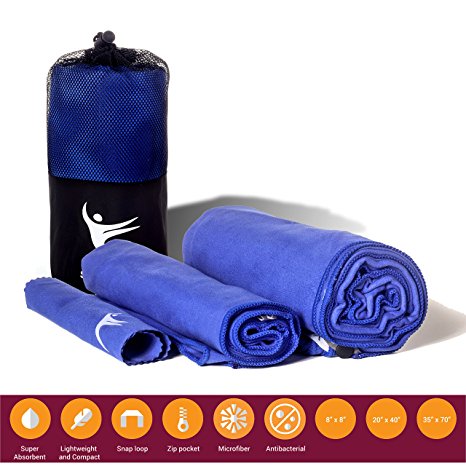 Microfiber Towels - Set of 3 - Antibacterial To Prevent Odors and Germs - Quick Dry Towel, Soft, Super Absorbent and Ultra Compact - Best for Camping, Sports, Travel and Beach - Free Carry Bag