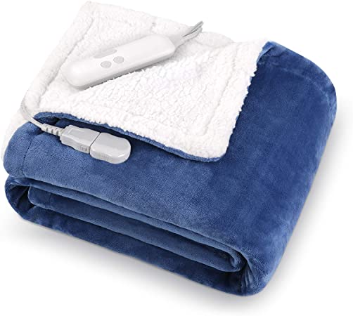 Electric Blanket Heated Throw Flannel & Sherpa Fast Heating Blanket 50" x 60", ETL Certification with 6 Heating Levels & 5 Auto-Off Timing Settings, Home Use & Machine Washable, Blue & White