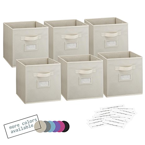 Royexe Set of 6 Foldable Fabric Storage Cube Bins | Collapsible Cloth Organizer Baskets Containers | Features Dual Handles & Label Window with 10 Pre-Cut Label Cards Inserts (Beige)