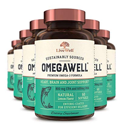 OmegaWell Fish Oil: Heart, Brain, and Joint Support | 800 mg EPA 600 mg DHA - Natural Lemon Flavor, Enteric-Coated, Sustainably Sourced - Easy to Swallow 180 Day Supply