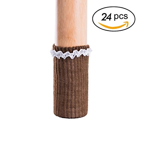 24 PCS Chair Leg Socks Knitted Furniture Socks - Chair,Floor Protectors for avoid scratches - Furniture Pads for moving easily and Reduce Noise (dark brown with lace)
