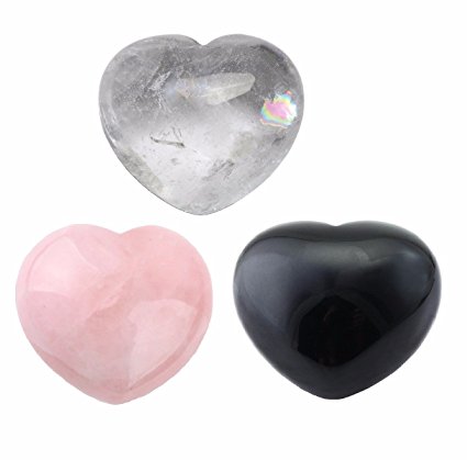SUNYIK Rose Quartz Black Obsidian Rock Quartz Carved Puff Heart Pocket Stone Pack of 3(1.6")