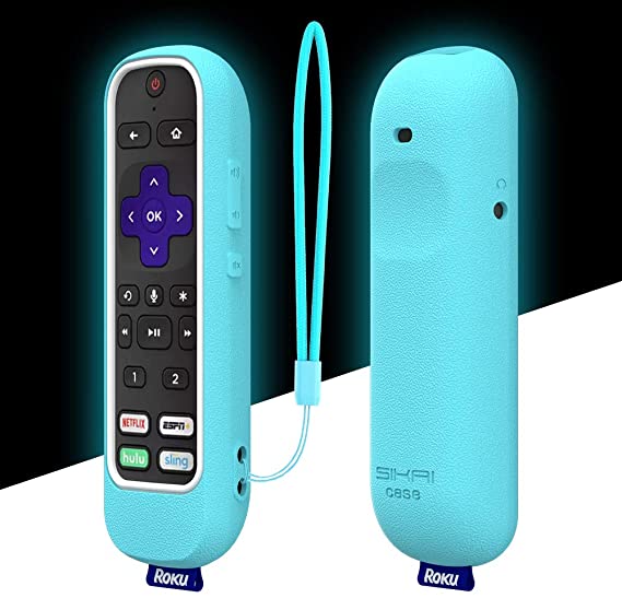 SIKAI Protective Case for ROKU Voice Remote Pro, for Roku Ultra 2020/2019 Remote, Shockproof Silicone Cover for Roku Ultra 4800R 4670R RCS01R Voice Remote Pro Anti-Lost with Loop (Glow Blue-White)