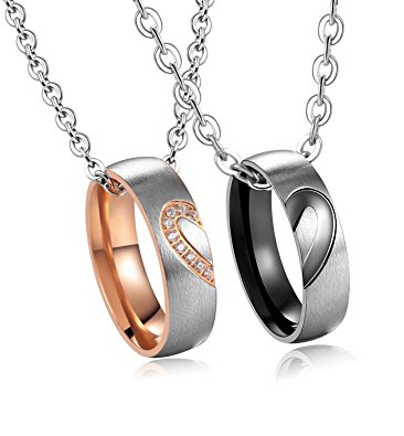 His & Hers Matching Set Titanium Stainless Steel Heart with Heart Couple Pendant Necklace in a Gift Box (A Set)