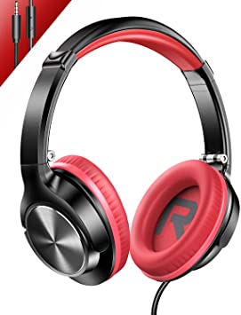 Vogek Over Ear Wired Headphones with Microphone, Foldable Lightweight Headsets with Noise Isolating and Tangle-Free Cord for Smartphones Laptop Computer Chromebook Skype Zoom, Black Red