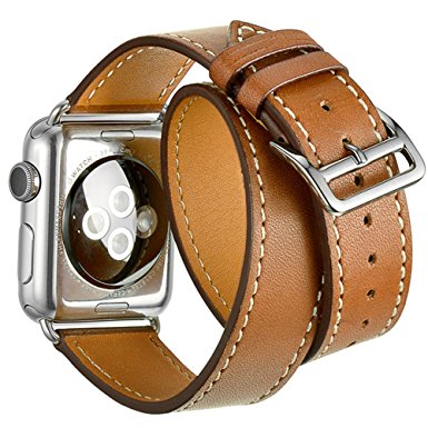Vanctec for Apple Watch Band - iWatch Bands 38mm Genuine Leather Strap iPhone Smart Watch Band Bracelet Replacement Wristband with Stainless Steel Adapter Clasp for Apple Watch 2 1, Double Tour - Brown