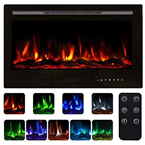 U-MAX 36" Recessed Wall Mounted Electric Fireplace Insert, 9 Colors Flame/Touch Control Screen & Remote/750-1500W Heater with Timer, Log & Crystal Hearth Options, Black