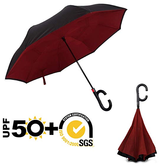 ABCCANOPY Inverted Umbrella,Double Layer Reverse Windproof Teflon Repellent Umbrella for Car and Outdoor Use, UPF 50  Big Stick Umbrella with C-Shaped Handle and Carrying Bag, Orange Sunflower