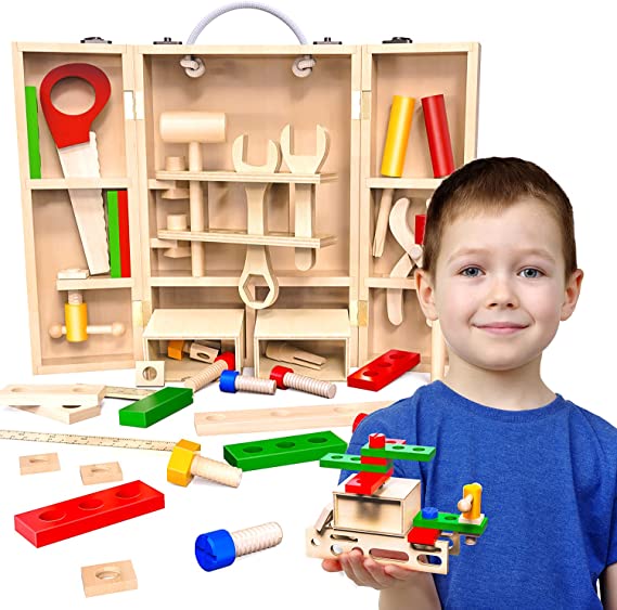 Ohuhu Tool Set for Kids: 42 pcs Wooden Toddler Tools Kit with Tool Box - Creative Building Toy Set - DIY Construction Toys STEM Toy - Pretend Play Toy Kit Gift for Toddlers Boys Girls Ages 3 4 5 6 7