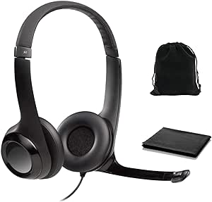 Logitech Headset H390 Wired Headset with Mic for PC/Laptop, Stereo Headphones with Noise Cancelling Microphone, USB, in-Line Controls, PC Headset, W/Cloth and Pouch (Black), Bulk Packaging