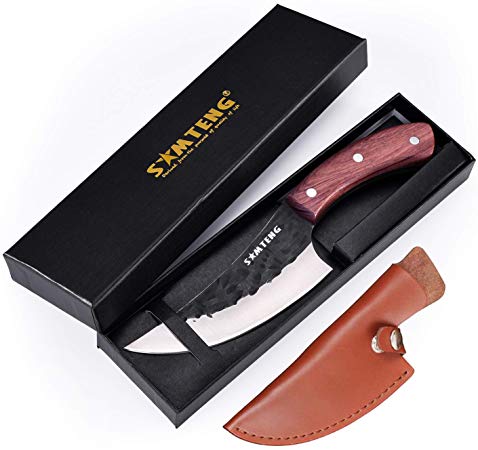SMTENG Outdoor Survival Knife 5.5 inch，Great for Camping,Hunting and BBQ activities with Leather Sheath，Handmade Forged Hammered kitchen Knife Full tang Sharp Blade Butcher Knives Boning knife