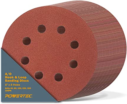 POWERTEC 45000V 5"x 8 Holes, A/O Hook & Loop Sanding Disc | 40, 80, 120, 220, 320 Assorted Grits, 100 PK