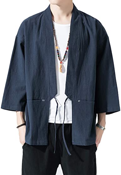 PRIJOUHE Men's Kimono Jackets Cardigan Lightweight Casual Cotton Blends Linen Seven Sleeves Open Front Coat Outwear