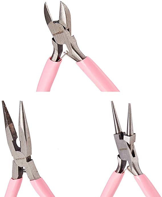 SUNNYCLUE 3pcs Jewelry Pliers Tool Set Professional Precision Pliers for DIY Jewelry Making - Side Cutting Pliers, Long Chain Nose Pliers with Cutter, Round Nose Pliers, Pink