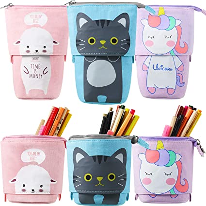 3 Pieces Transformer Stand Store Pencil Holder Canvas Telescopic Pencil Cases Cartoon Zipper Pencil Pouch Dual-Use Stand Pen Case Box Storage Stationery Bags (Gray Cat, Lamb, Unicorn)