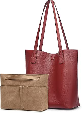 S-ZONE Genuine Leather Tote Bag for Women Soft Shoulder Handbag Ladies Purse with Canvas Pouch