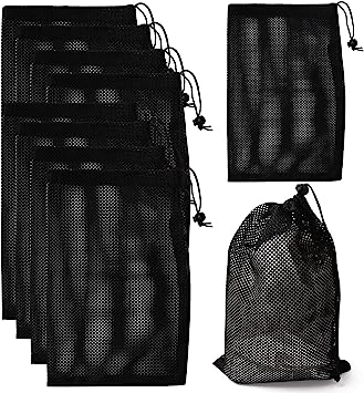 SBYURE 10Pcs Nylon Mesh Drawstring Bag,8 x 12 Inch Durable Nylon Mesh Bags with Drawstrings Black Nylon Mesh Bags with Cord Lock Closure for Balls and Travel Laundry Bag