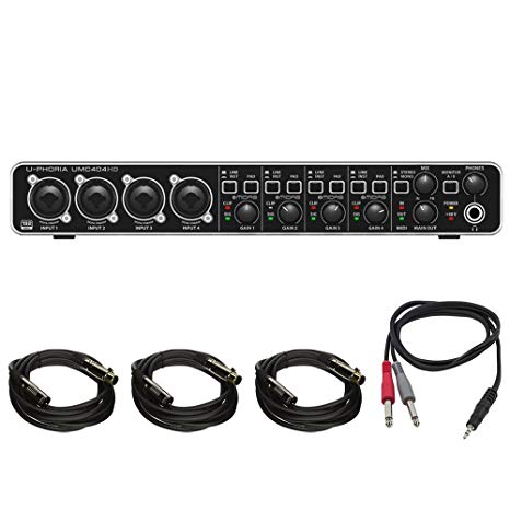 Behringer U-PHORIA (UMC404HD) Audiophile 2x4, 24bit/192kHz USB Audio/MIDI Interface w/ Pro DJ Bundle Includes, 1/8" TRS Male to Two 1/4" TS Male Cable & 3-Pack Premier Series XLR Male To Female Cable