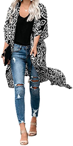 Dokotoo Womens Fashion Print Kimono Tassel Casual Cardigan Loose Cover up