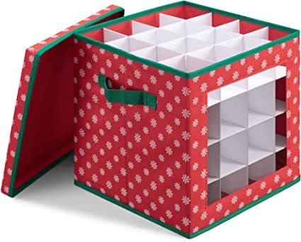 Navaris Boîte Rangement décoration Noël - Caisse de Stockage 30,5 x 30,5 x 30,5 cm avec Couvercle et 64 Compartiments Boules de Noël guirlandes