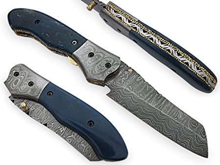 Duke Pocket Knife Hand crafted Damascus steel blade Blue color Bone handle