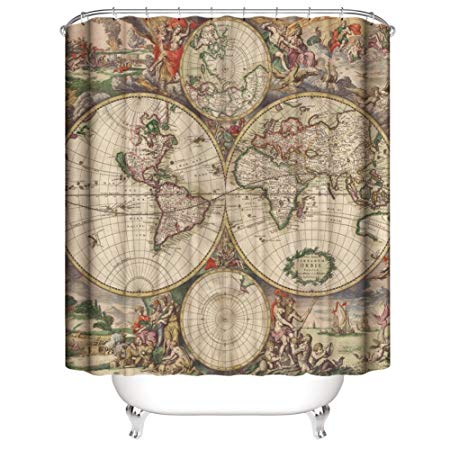 Shower Curtain Antiques Old World Map for Bathroom, Old World Map from 1800s for Geography and History Print - 72×72 Inch (Green Gray Orange)