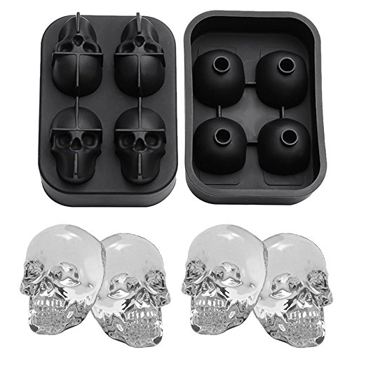 GG MALL 3D Skull Silicone Ice Cube Mold Tray, BPA free, Makes Four Vivid Skulls, Ice Ball Cube Maker, Black